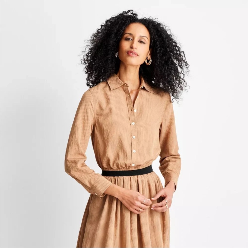 Future Collective Cinched Striped Collared Long Sleeve Button Down Blouse NWT